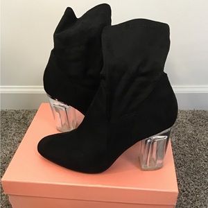 Super cute black suede zip up boots with Acrylic heel Size 9